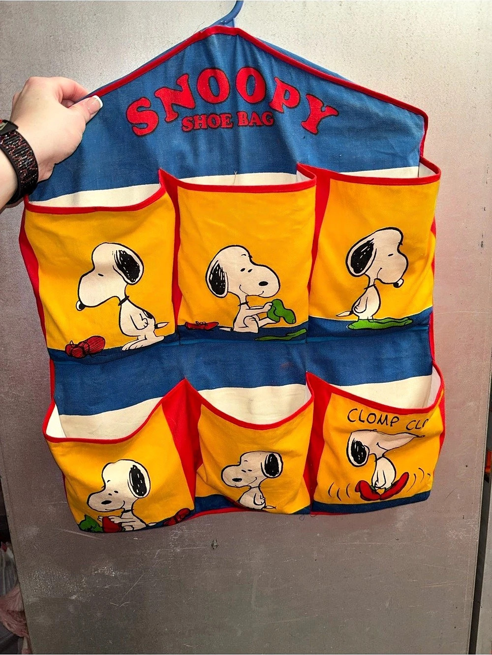 Snoopy Shoe Bag Hanging Shoe Organizer Blue Yellow vintage
